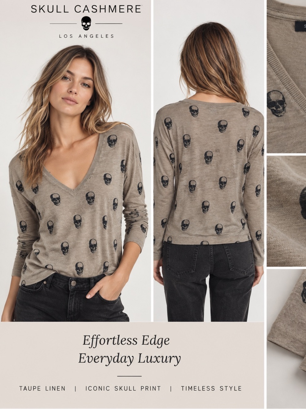 Skull Cashmere Taupe V-Neck Long Sleeve Top with Black Skulls